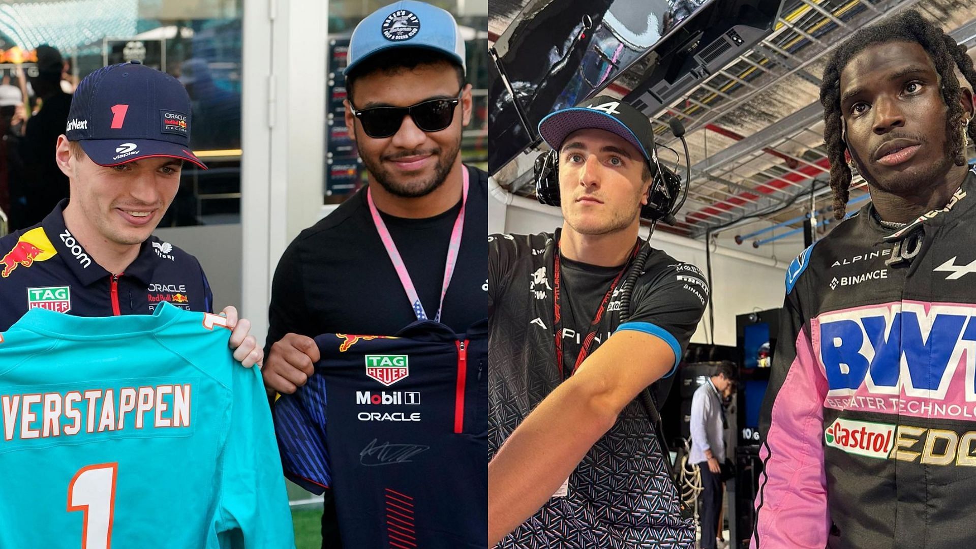 Tua Tagovailoa with Max Verstappen, and Tyreek Hill with a member of the Alpine F1 team (Image credit: Associated Press via NFL's Instagram account)