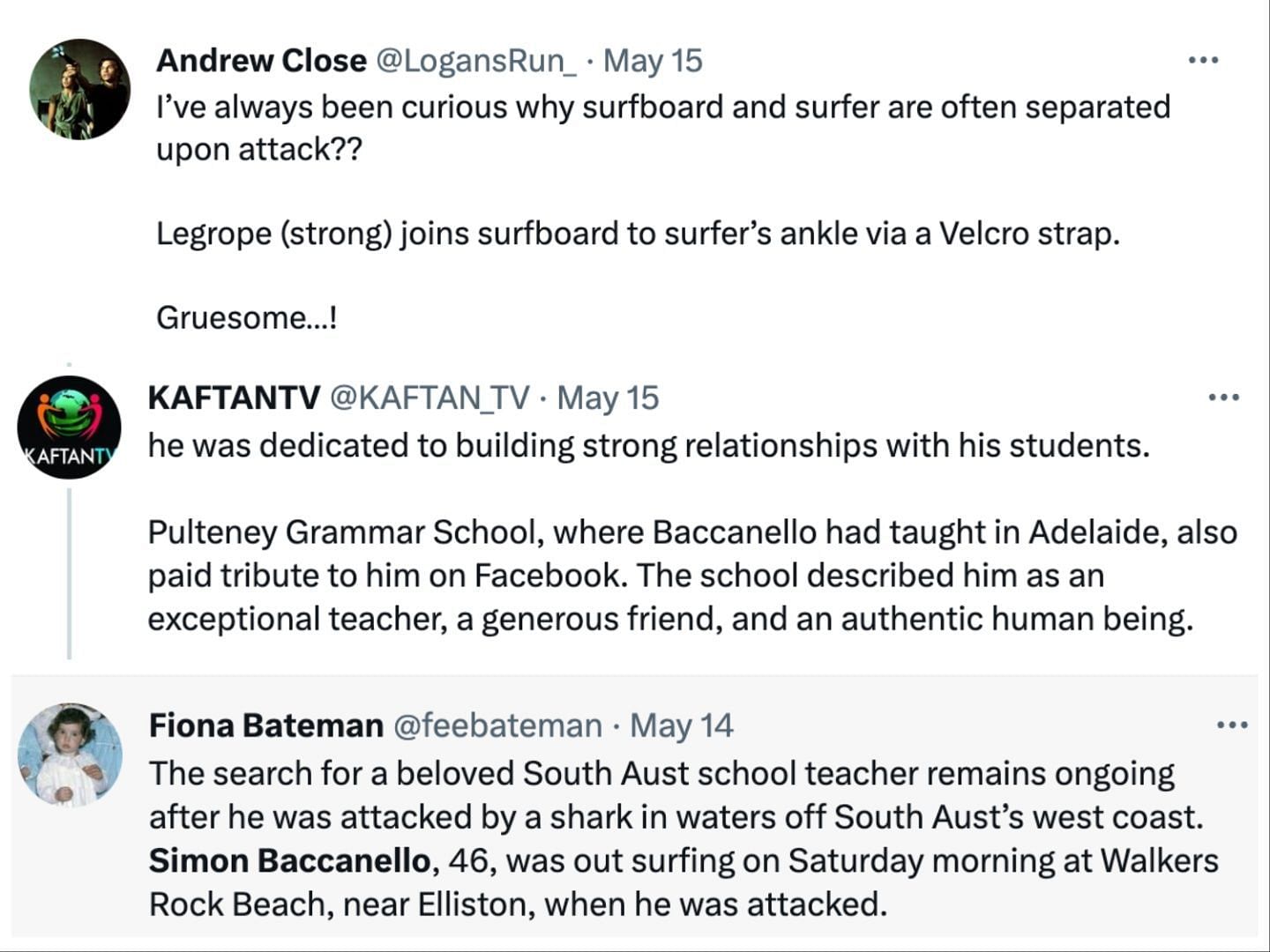 Social media users share tributes as Simon, a school teacher, goes missing after a disturbing shark attack last week: Reactions explored. (image via Twitter)