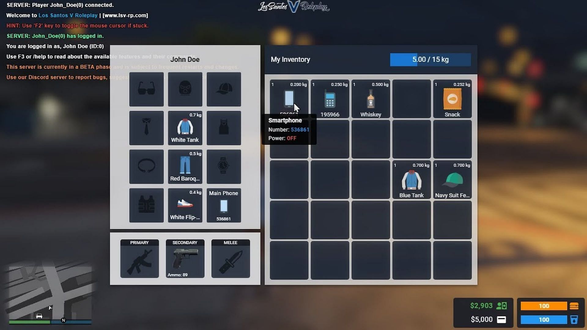 An example of a server with an inventory-based system (Image via Los Santos V Roleplay)