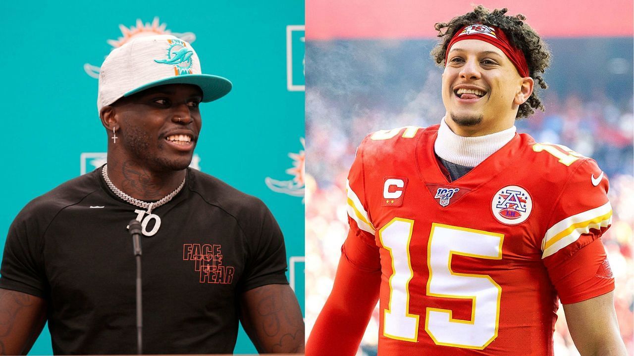 Dolphins WR Tyreek Hill (L) makes his case to play for Miami instead of QB Patrick Mahomes (R) and the Chiefs 