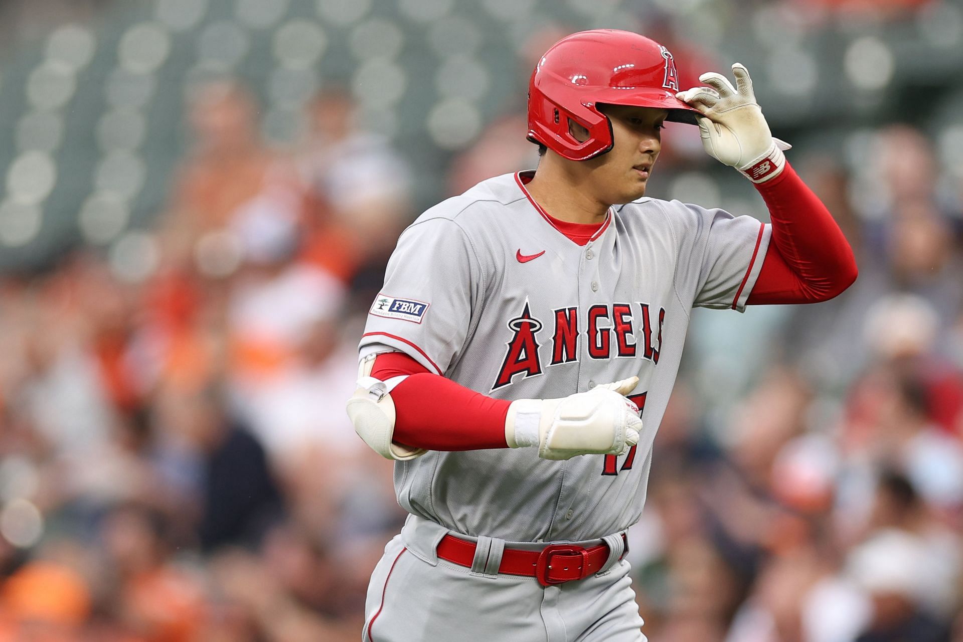 Los Angeles Angels v Baltimore Orioles BALTIMORE, MARYLAND - MAY 16: Shohei Ohtani #17 of the Los Angeles Angels reacts after batting against the Baltimore Orioles during the first inning at Oriole Park at Camden Yards on May 16, 2023 in Baltimore, Maryland. (Photo by Patrick Smith/Getty Images)