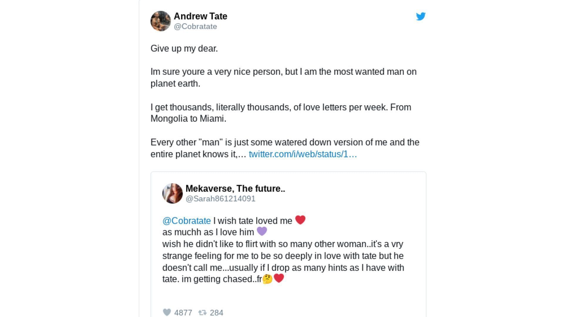 Andrew Tate&#039;s response on Twitter