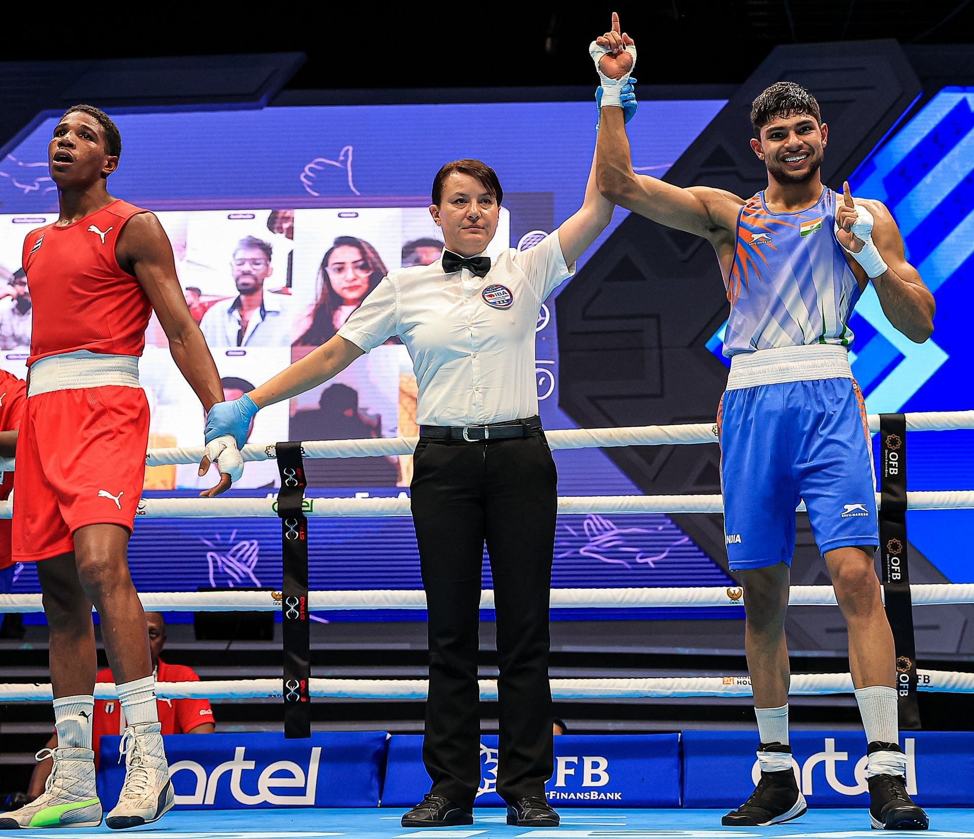 Nishant Dev after winning his quarterfinal bout at the 2023 World Boxing Championship.