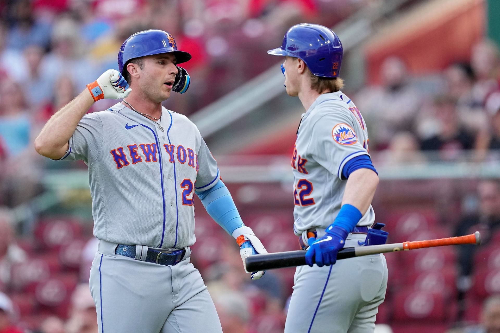 Pete Alonso #20 and Brett Baty #22 of the New York Mets celebrate after Alonso hit a home run
