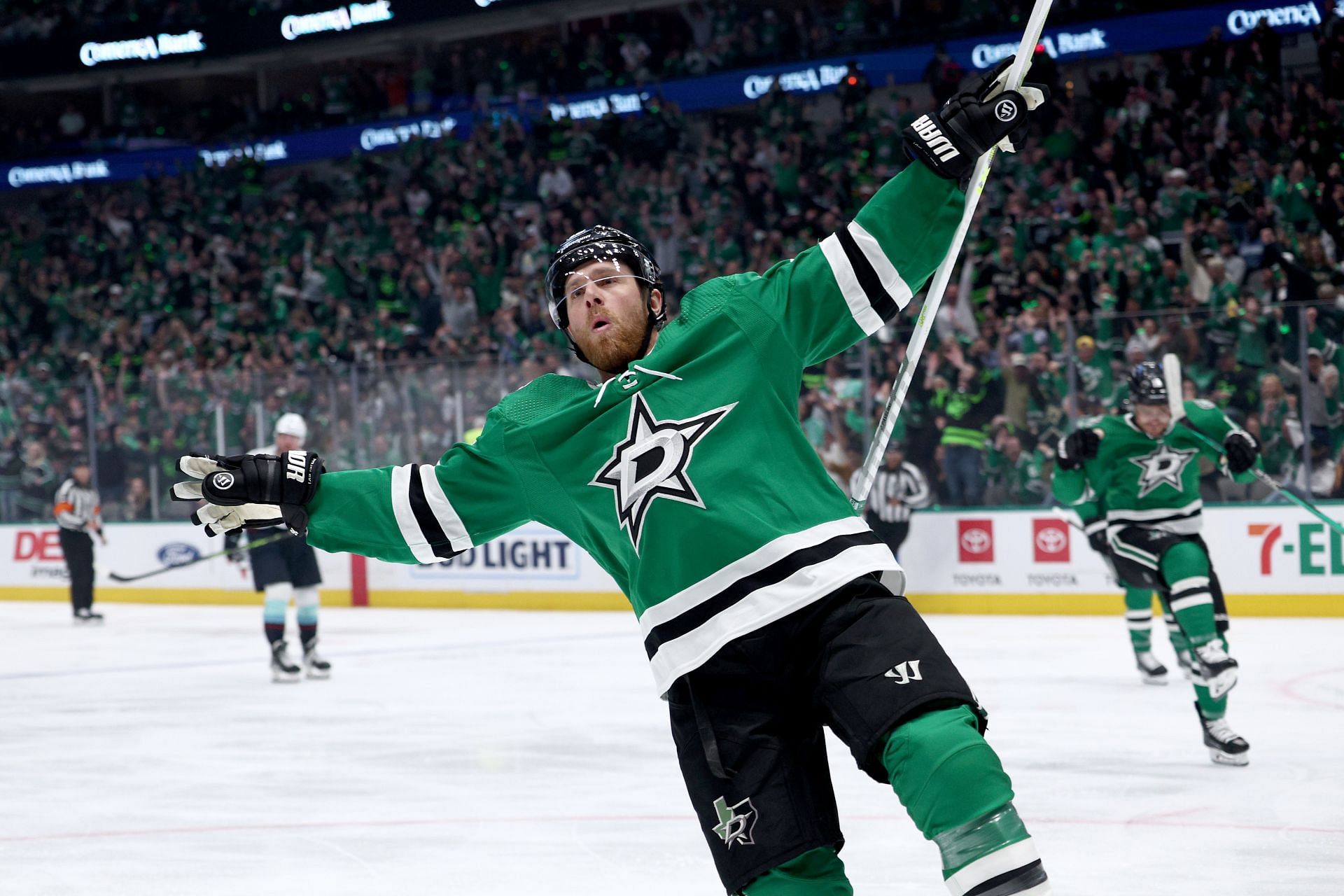 Joe Pavelski celebrates after scoring against the Seattle Kraken - Game 1