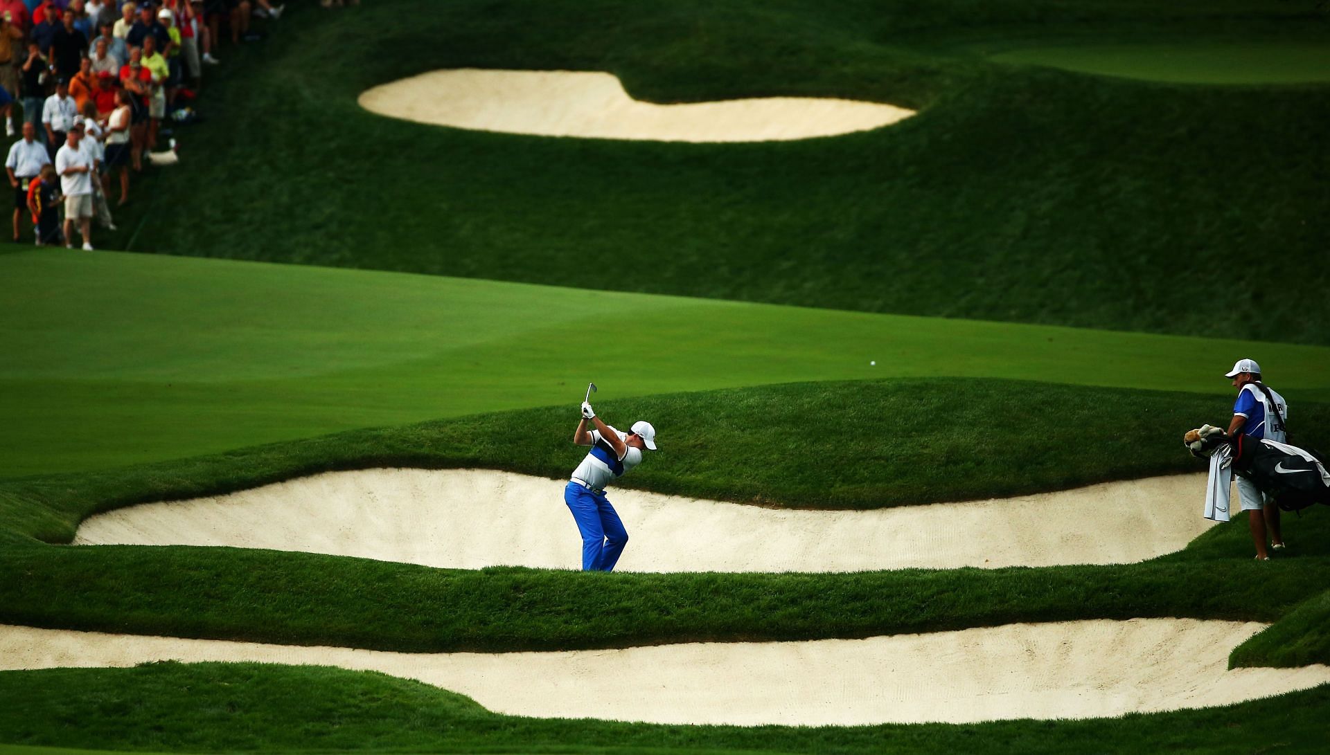 Rory McIlroy defending his PGA Championship title at East Course, Oak Hill Country Club, Rochester, 2013. (Image via Getty).