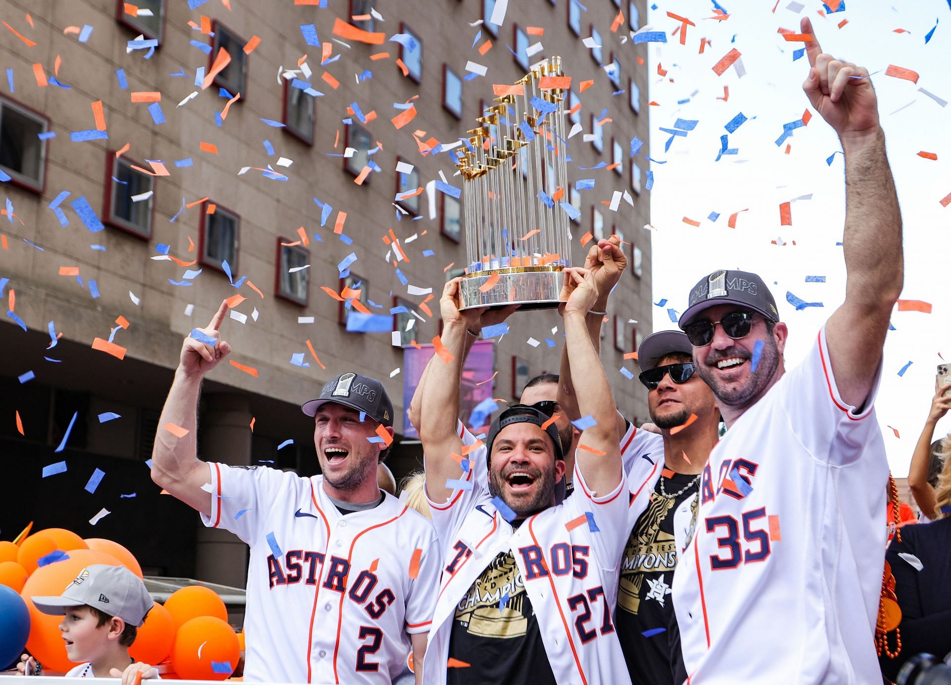 Jose Altuve #27, Alex Bregman #2, Justin Verlander #35, Yuli Gurriel #10 and Lance McCullers Jr. #43 of the Houston Astros participate in the World Series Parade. (Photo by Carmen Mandato/Getty Images)