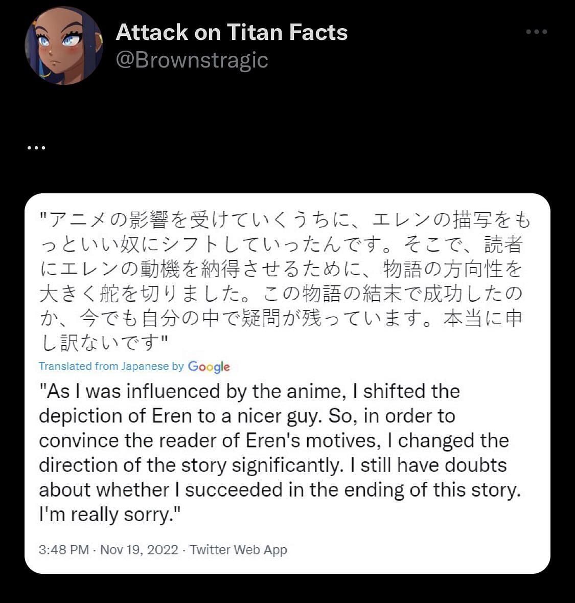 Screenshot of a tweet quoting Isayama&#039;s words (Image via Sportskeeda/Twitter)