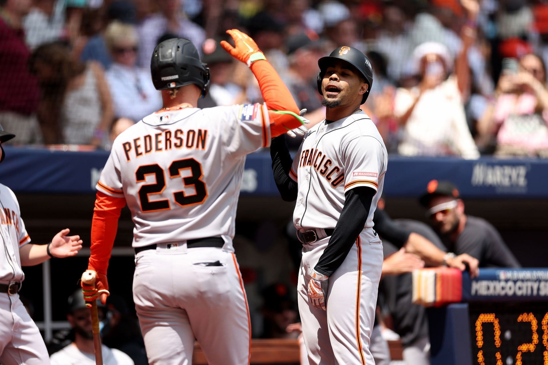 San Francisco Giants v San Diego Padres MEXICO CITY, MEXICO - APRIL 30: Joc Pederson #23 congratulates LaMonte Wade Jr. #31 of the San Francisco Giants after his solo homerun during the first inning of game two for the MLB World Tour Mexico City Series against the San Diego Padres at Alfredo Harp Hel&uacute; Stadium on April 30, 2023 in Mexico City, Mexico. (Photo by Sean M. Haffey/Getty Images)