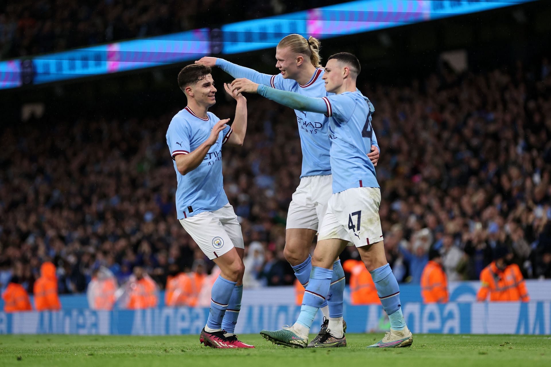 [L-to-R] Manchester City forwards Julian Alvarez, Erling Haaland and Phil Foden
