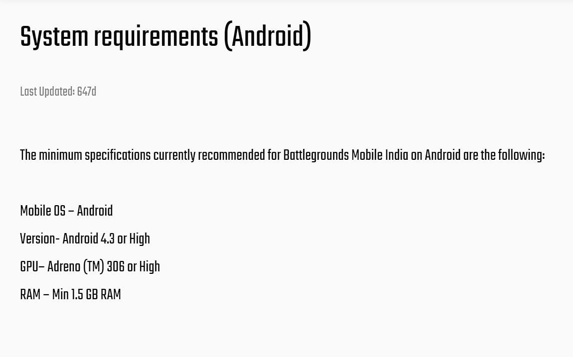 The device requirements for stated on the game&#039;s official website (Image via Krafton)