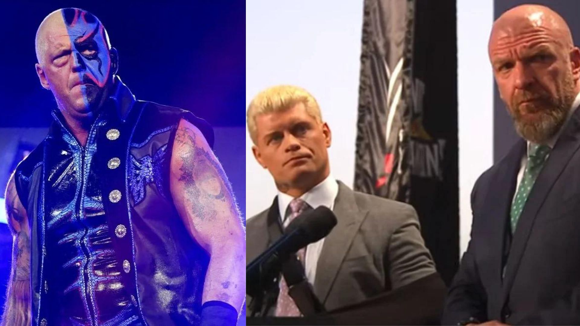 Dustin Rhodes (left); Cody Rhodes and Triple H (right)