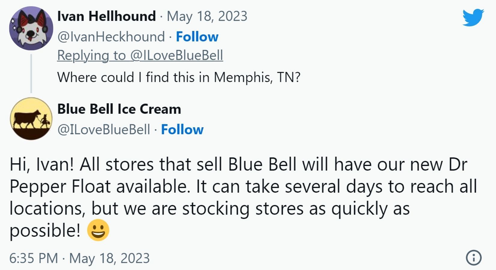 The Blue Bell Twitter admin had to ensure users that the supply would be reaching soon (Image via Twitter/@ILoveBlueBell)