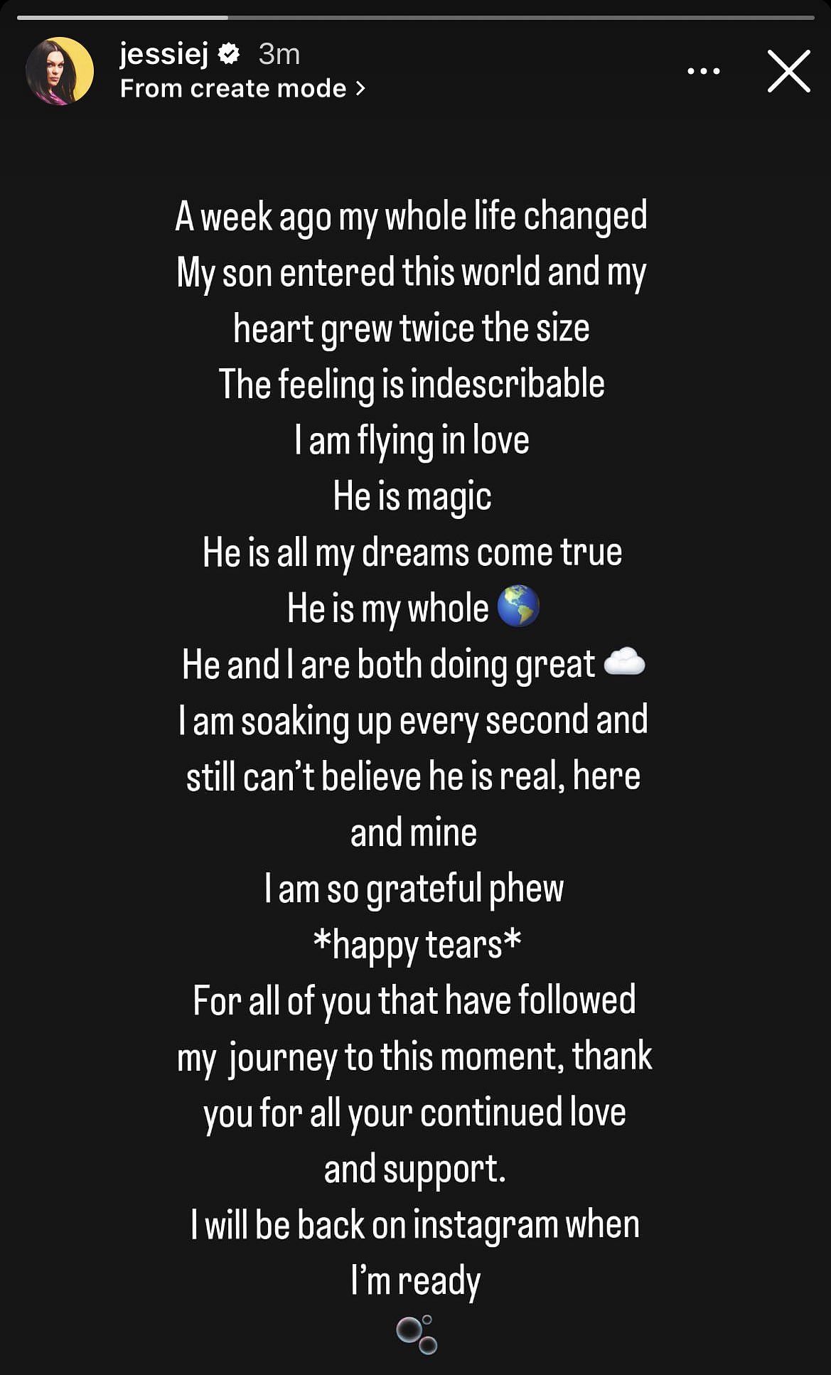 Jessie J announced the birth of her baby boy through an Instagram story (Image via Twitter/@M1CHELLEMALLON)