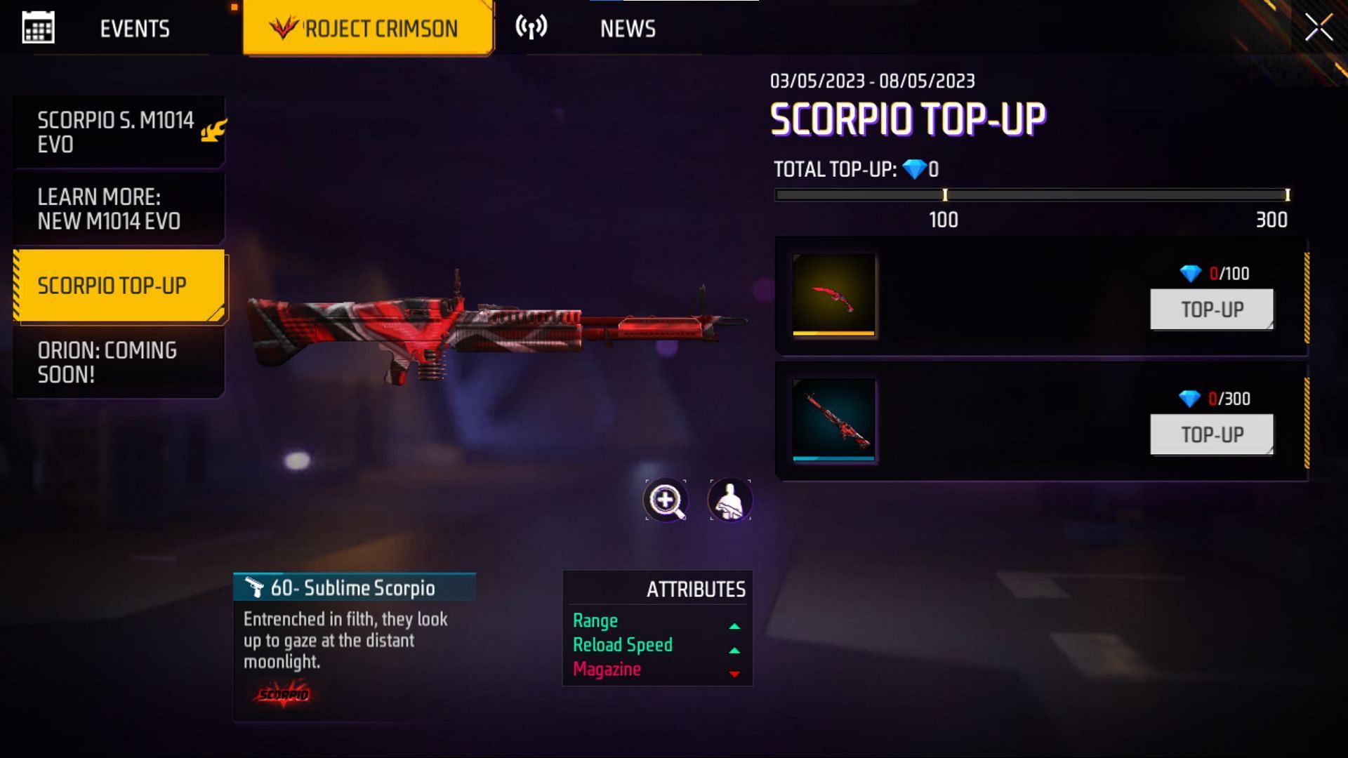 The current Scorpio Top-Up event in Free Fire MAX (Image via Garena)