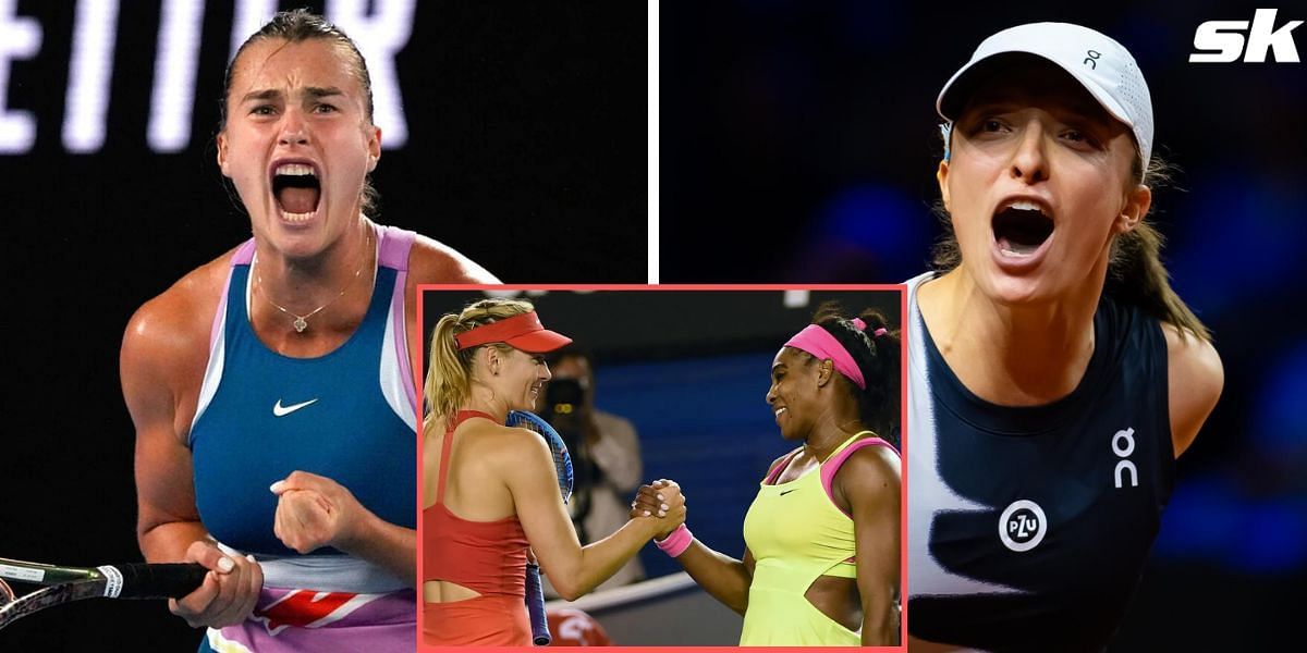 Aryna Sabalenka (L), Iga Swiatek (R), Maria Sharapova and Serena Williams (inset)