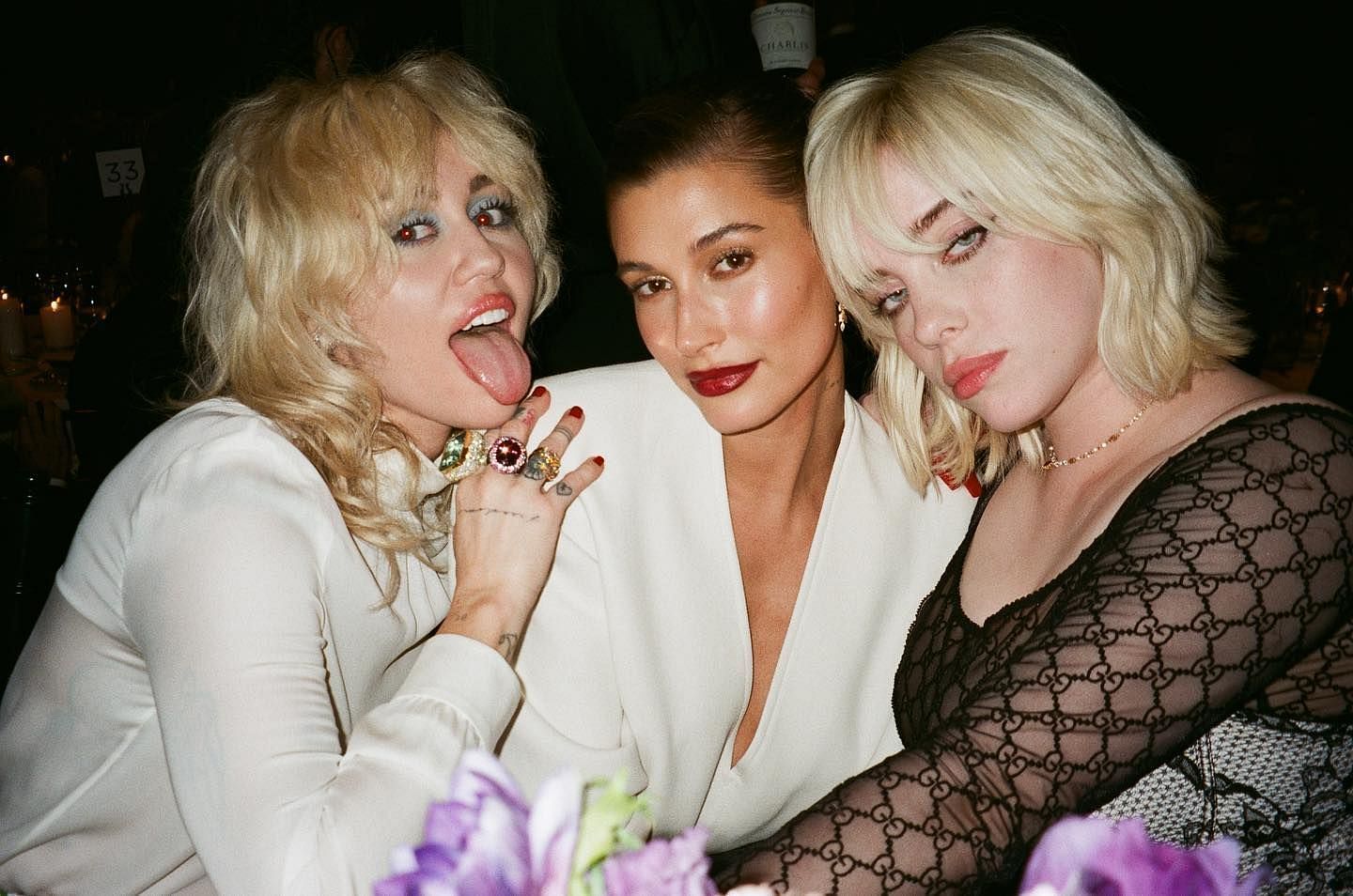 Hailey Bieber with Miley Cyrus and Billie Eilish (Image via. Twitter/@hrbsource)