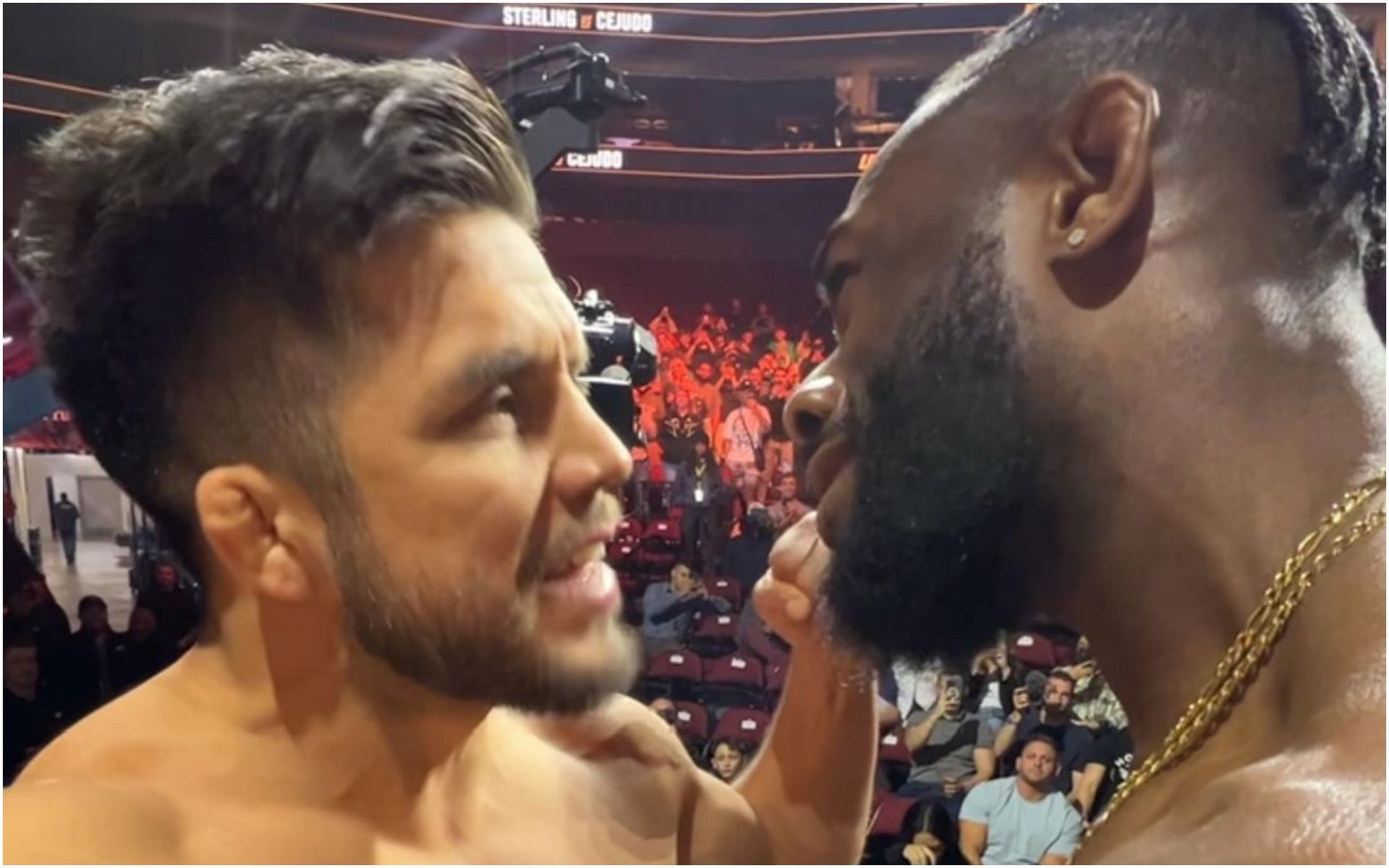 Aljamain Sterling and Henry Cejudo at UFC 288 ceremonial weigh-ins