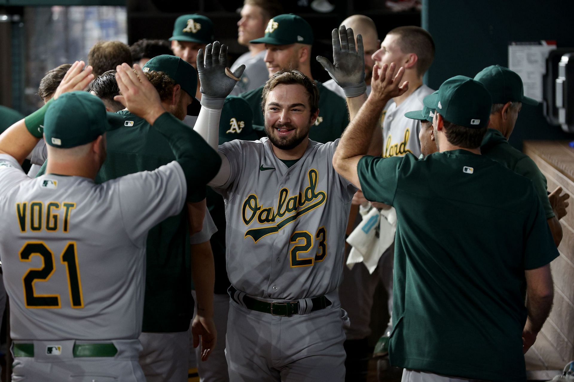 Shea Langeliers in Oakland Athletics v Texas Rangers game