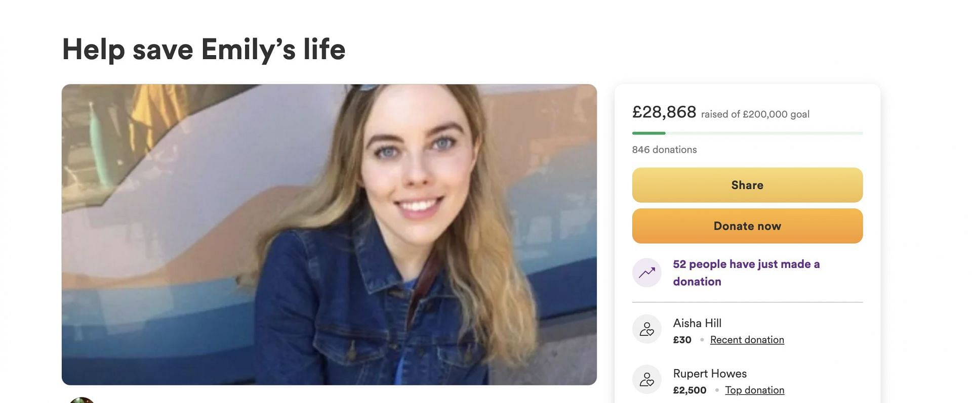 A screenshot of Emily Balfour&#039;s GoFundMe page. (Image via GoFundMe)