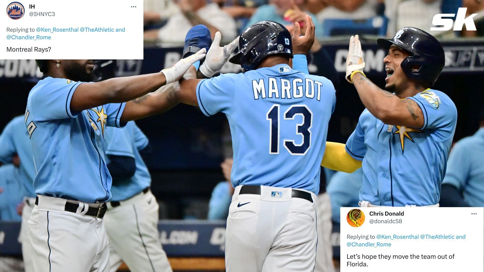 Tampa Bay Rays players celebrate at Tropicana Field