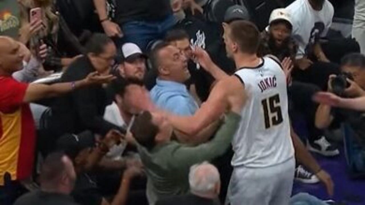 Denver Nuggets superstar center Nikola Jokic getting involved in an altercation with Phoenix Suns owner Mat Ishbia during Game 4 of the Nuggets&rsquo; Western Conference semifinal matchup against the Suns