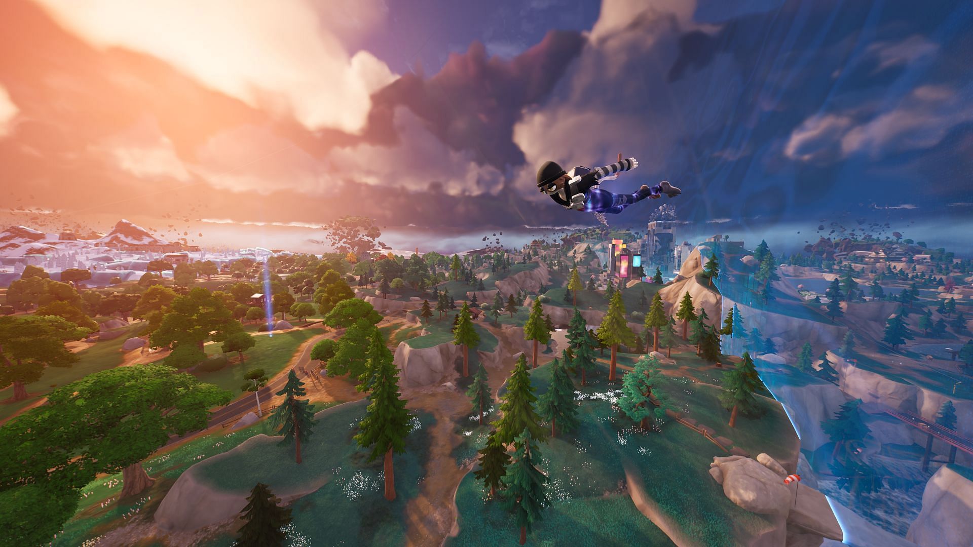 After exiting the wind tunnel, deploy your Glider and land safely (Image via Epic Games/Fortnite)