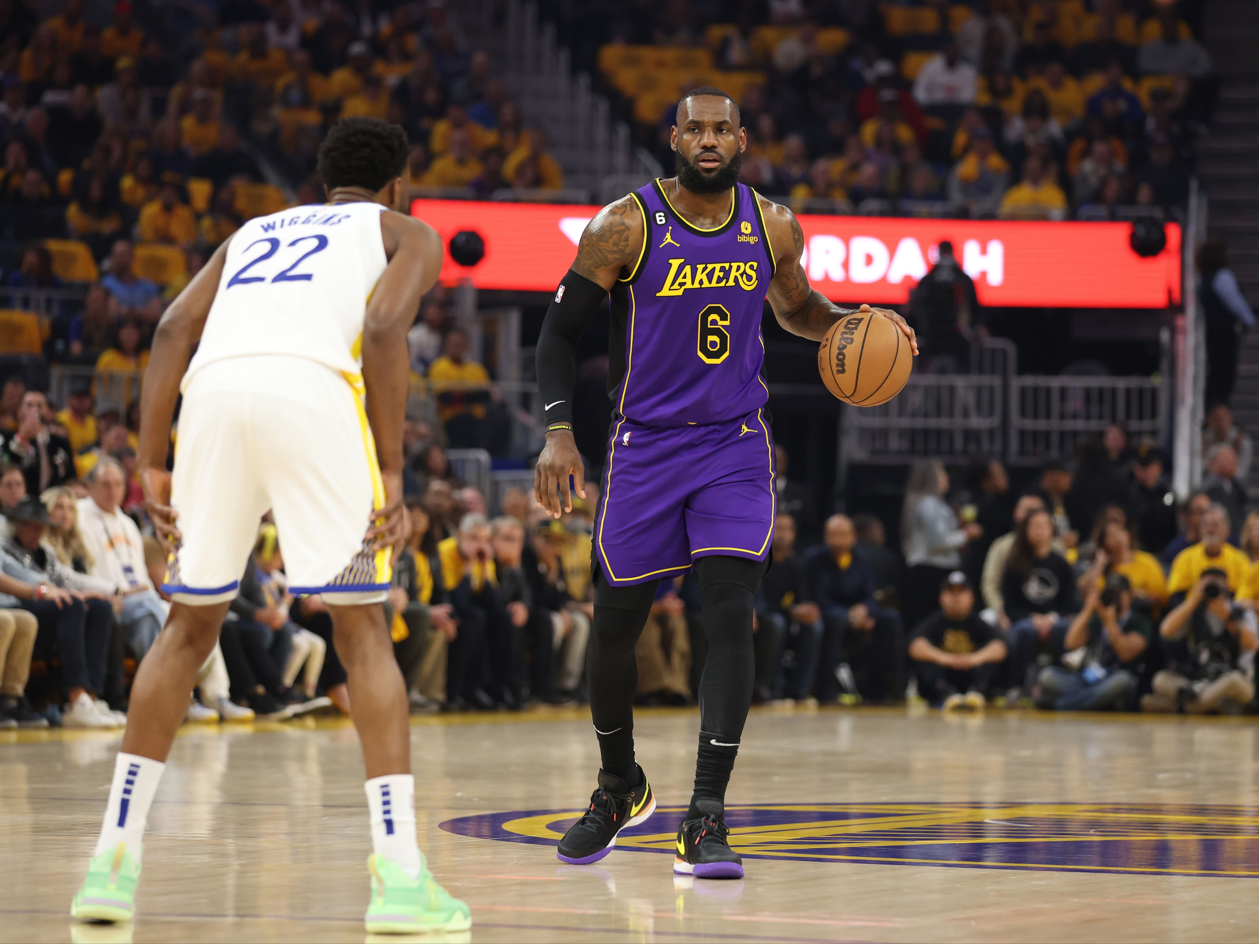 LeBron James in action during Los Angeles Lakers v Golden State Warriors - Game Two