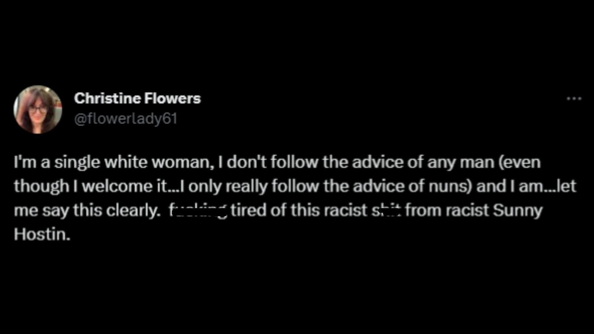 Screenshot of a Twitter user remarking on Hostin&#039;s comments on White women.