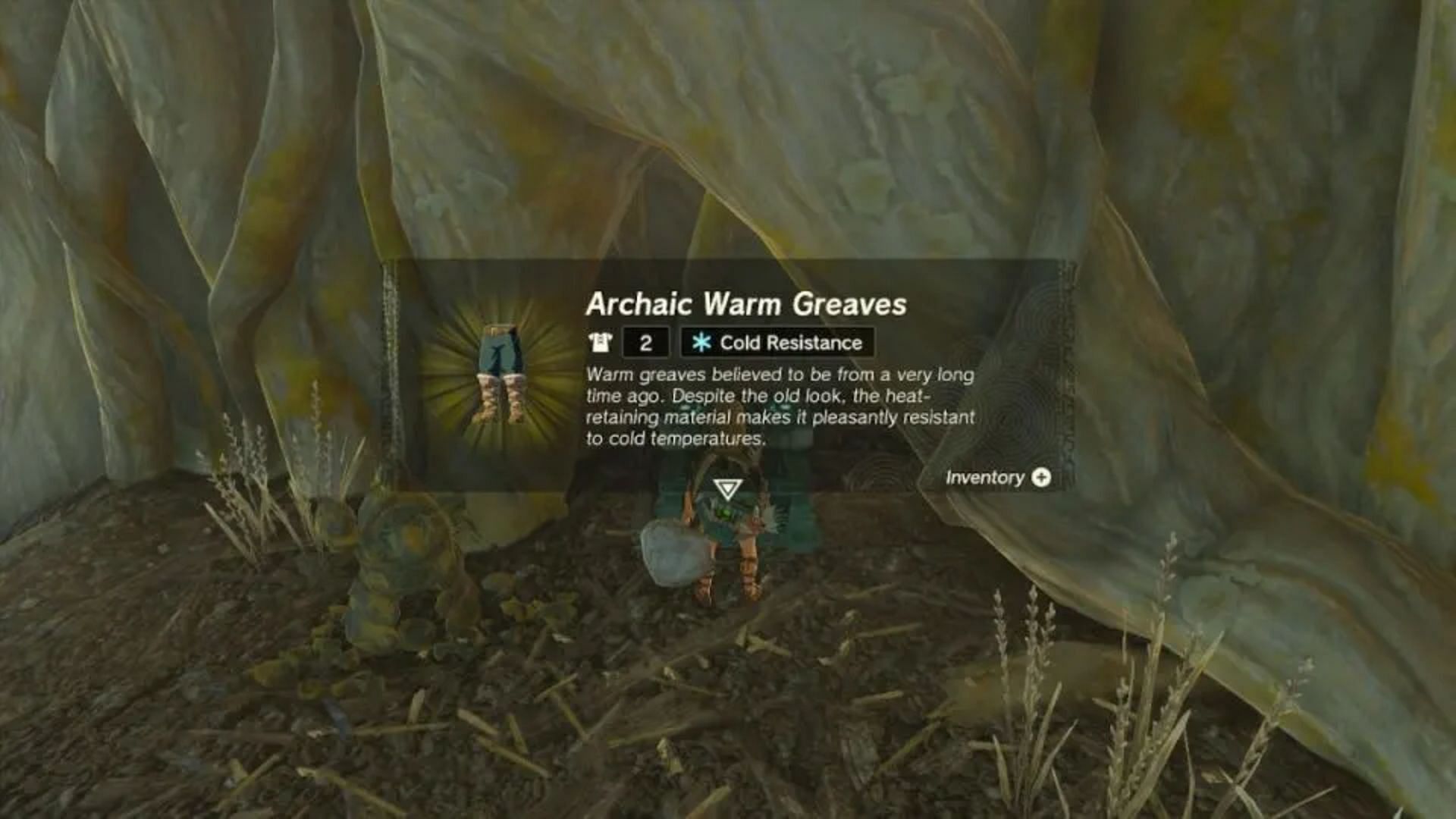 In-game description of the Archaic Warm Greaves (Image via Nintendo)