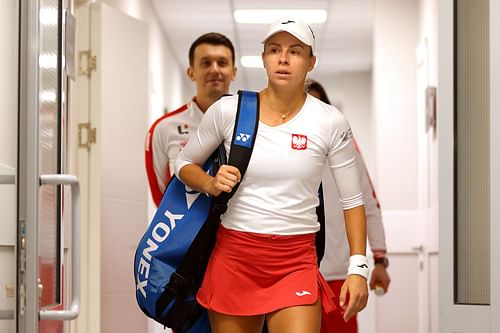 Magda Linette at the 2023 Billie Jean King Cup Qualifier.