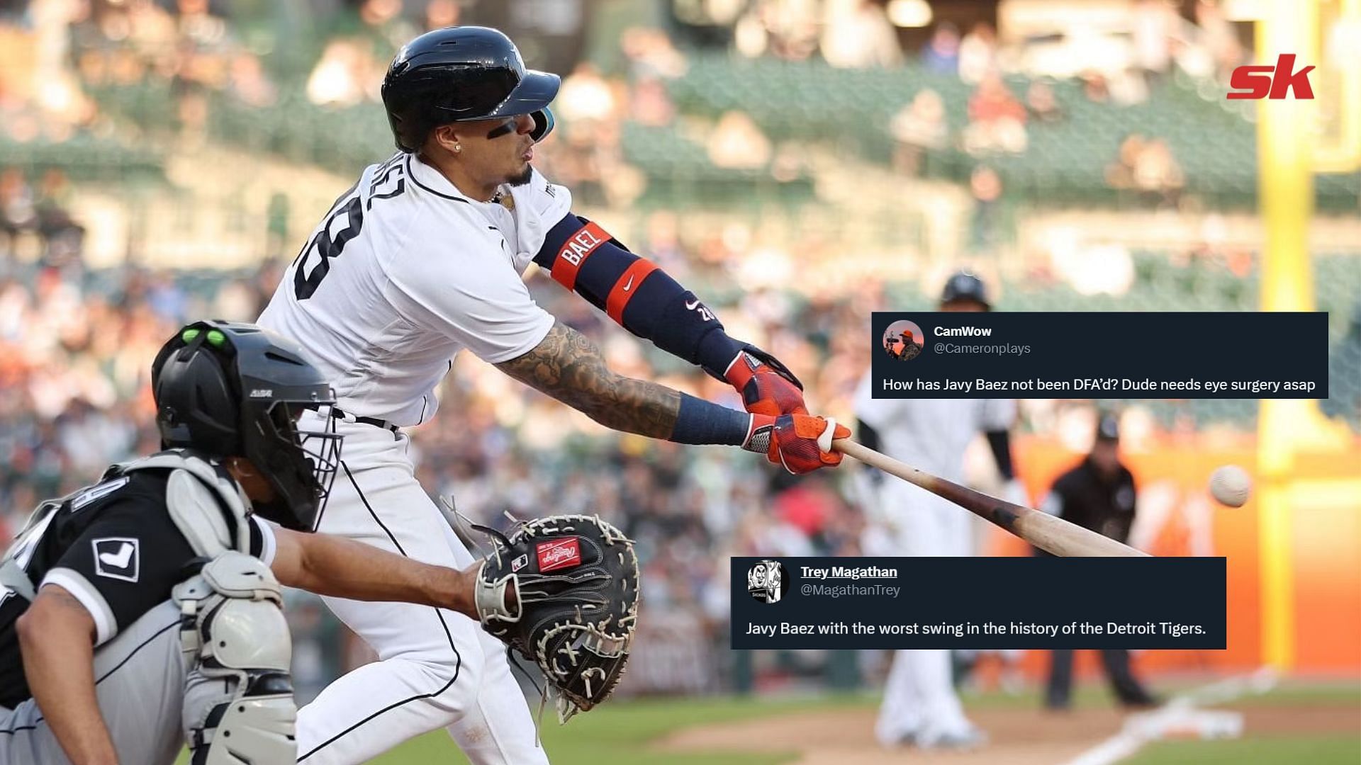 Javier Baez #28 of the Detroit Tigers hits a RBI single in the fourth inning in front of Seby Zavala #44 of the Chicago White Sox at Comerica Park on May 25th.