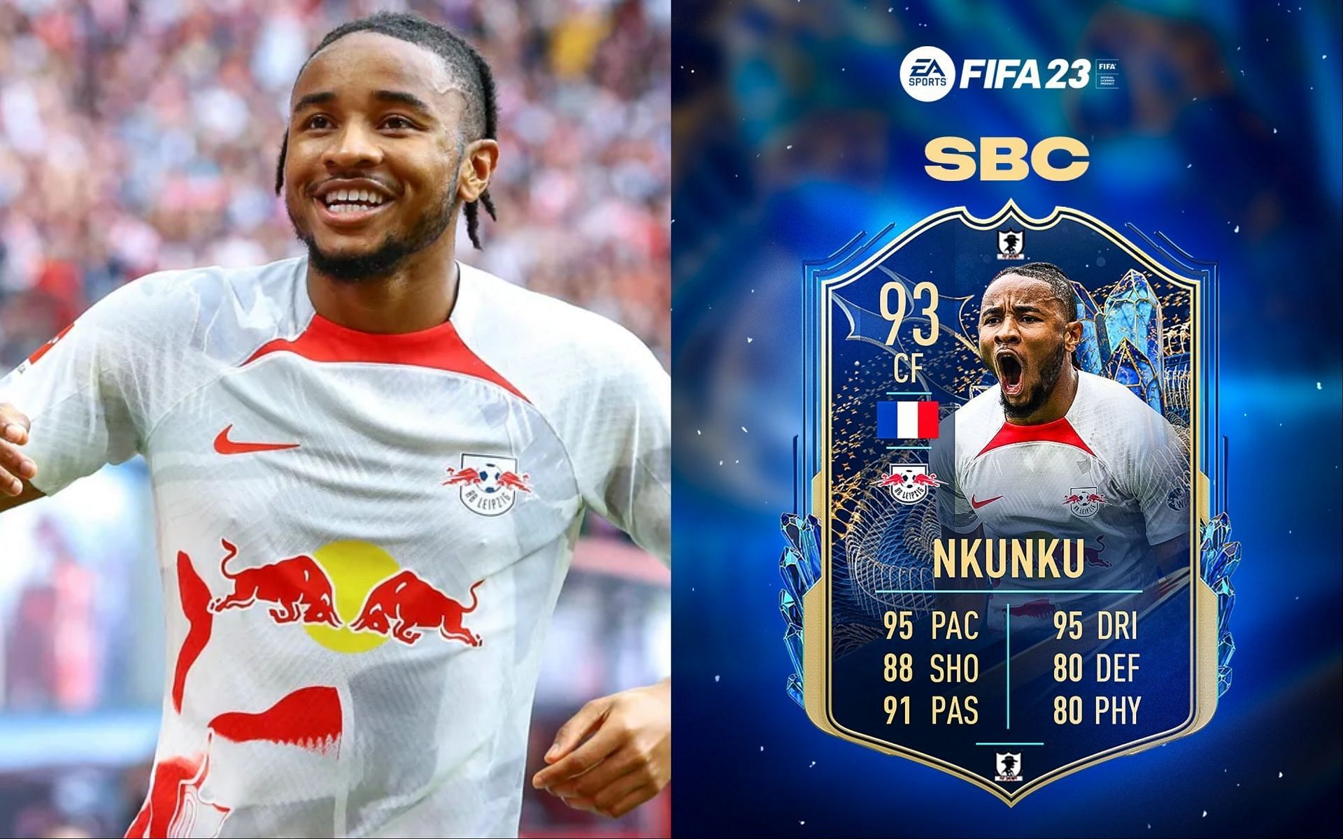 Christopher Nkunku to join through the Bundesliga TOTS Moments in FIFA 23 Ultimate Team (Image via Getty, Twitter/FUT Sheriff)