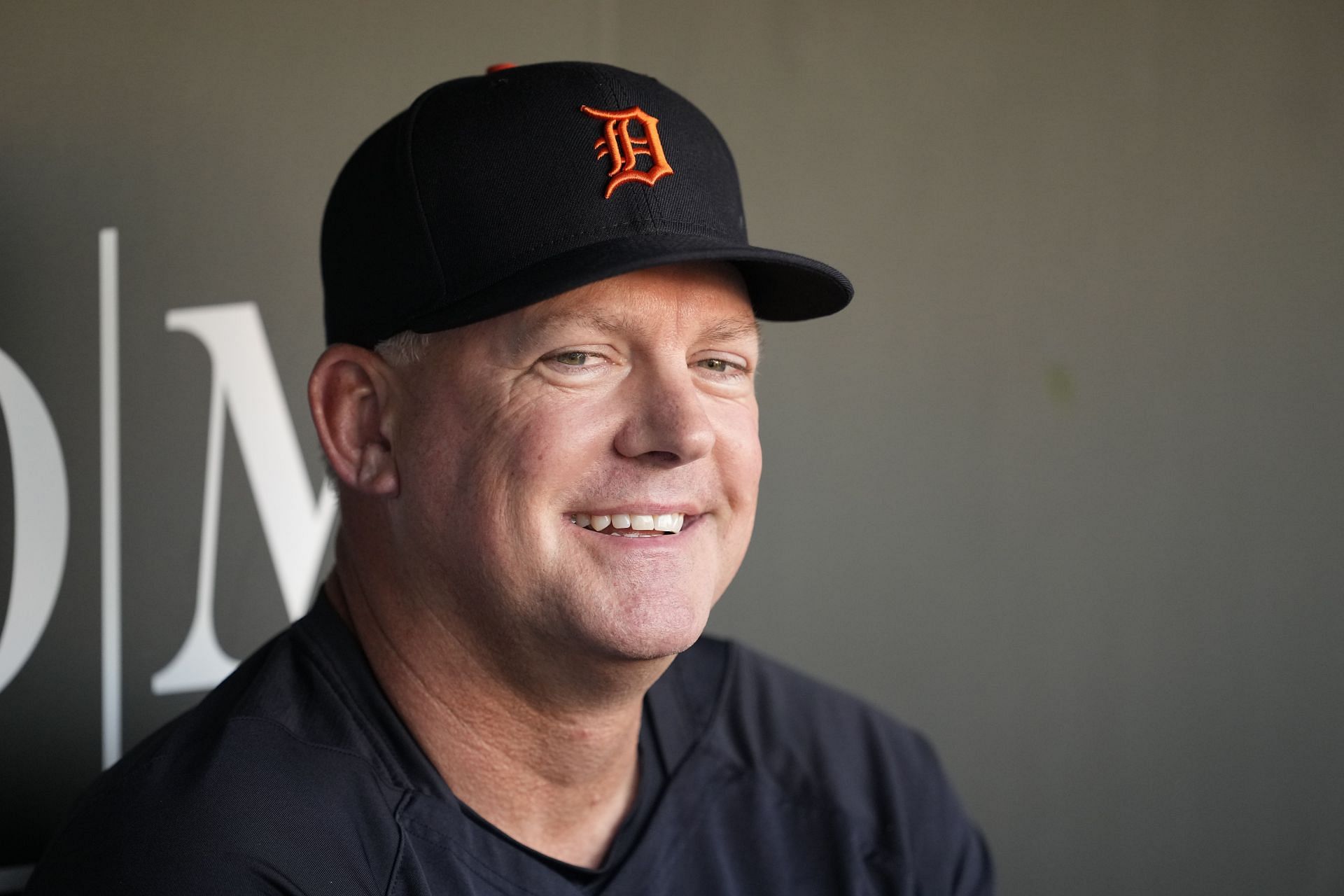 Manager A.J. Hinch #14 of the Detroit Tigers looks on during batting practice