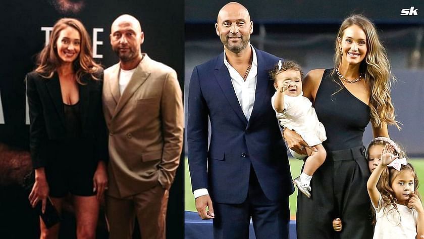 Derek Jeter with his wife Hannah Jeter; Derek with Hannah and their three daughters at Yankee Stadium.