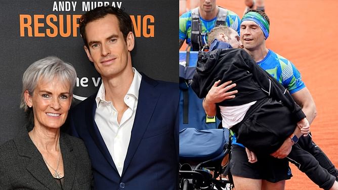 Andy Murray's mother Judy reacts to Kevin Sinfield carrying Rob Burrow over marathon finish line