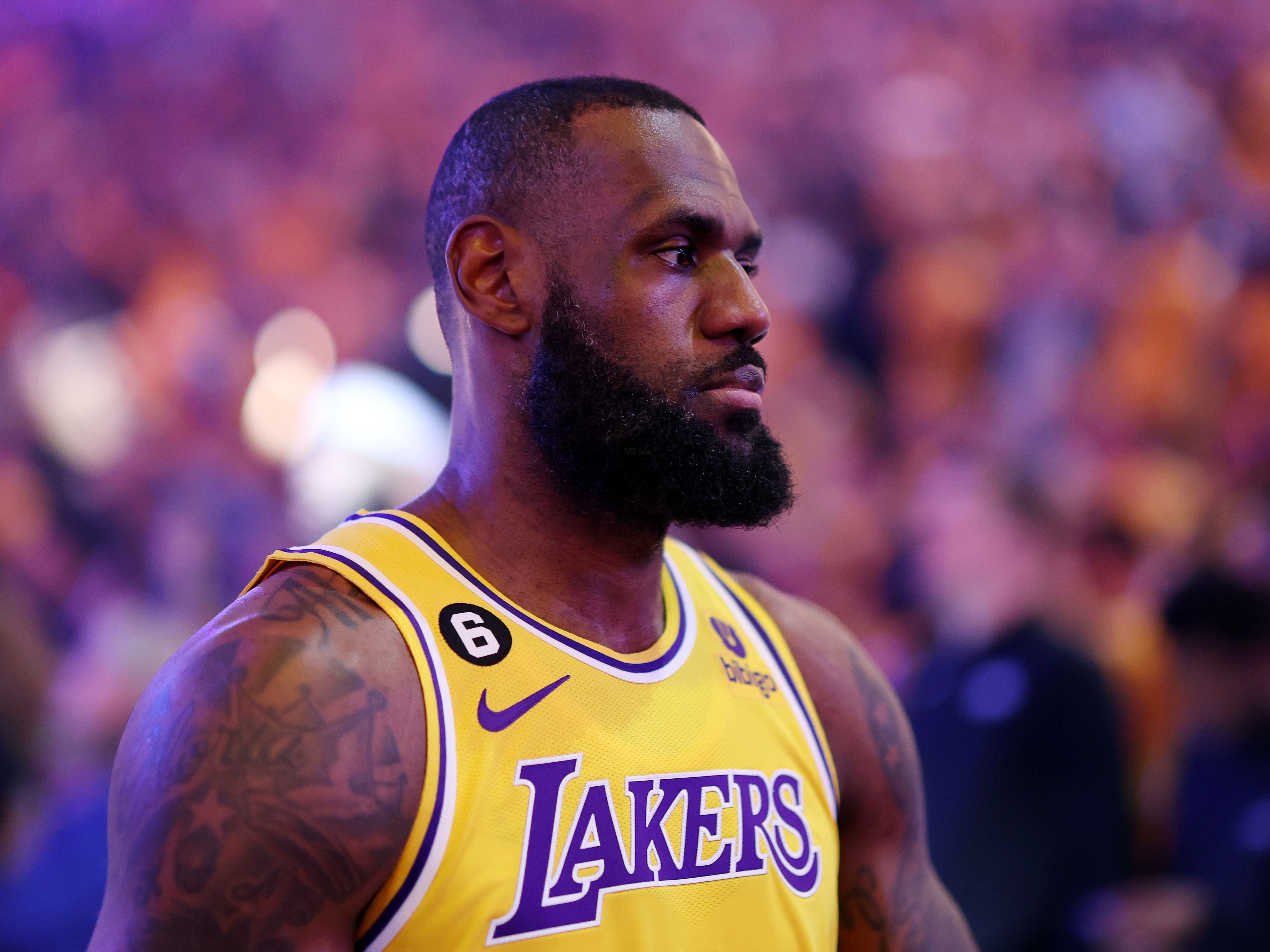 LeBron James in action during Los Angeles Lakers v Golden State Warriors - Game One