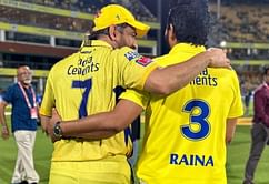 "A perfect 10!"- MS Dhoni catches up with Suresh Raina after CSK's clinical win vs MI at Chepauk in IPL 2023