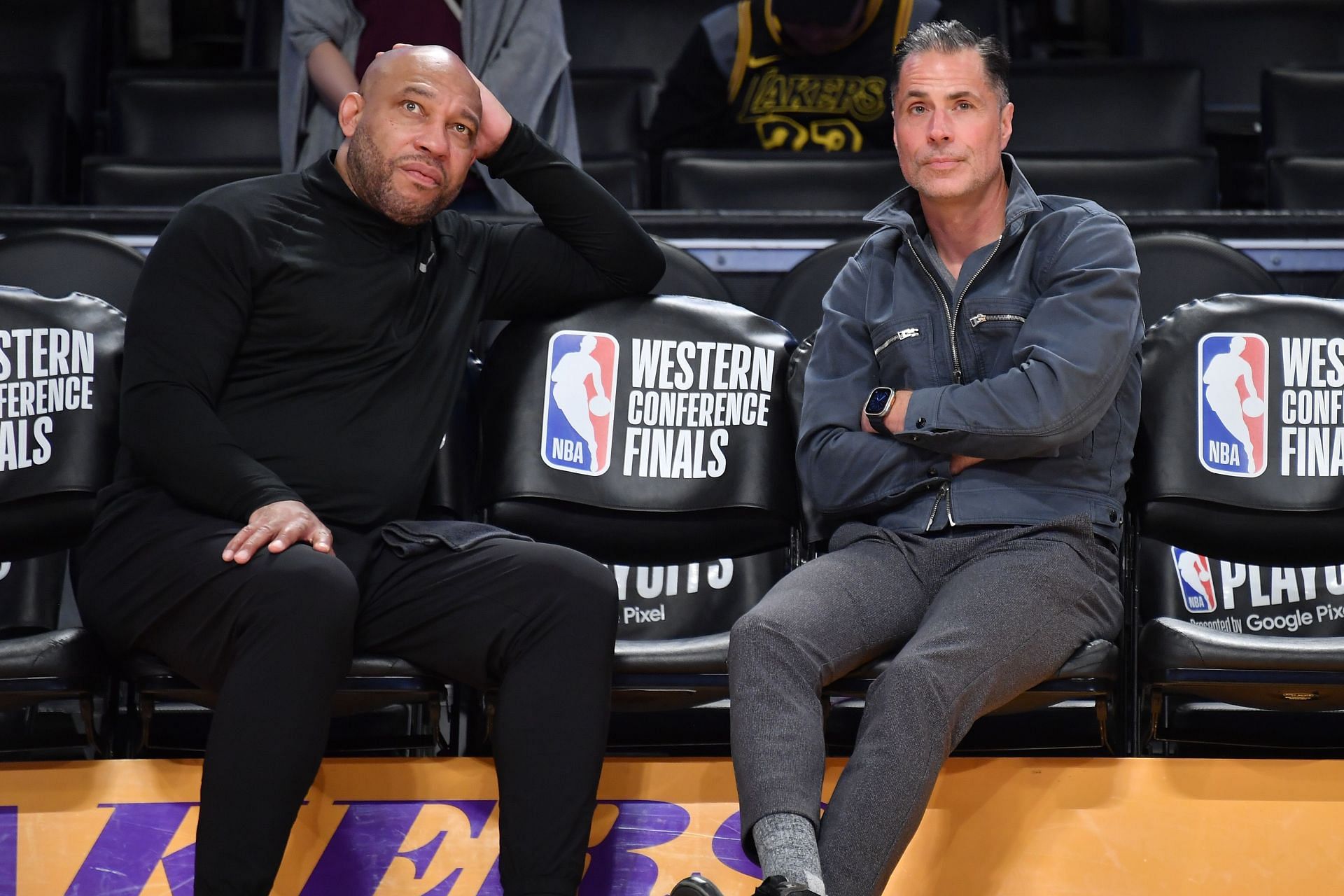 Lakers coach Darvin Ham, left, and general manager Rob Pelinka
