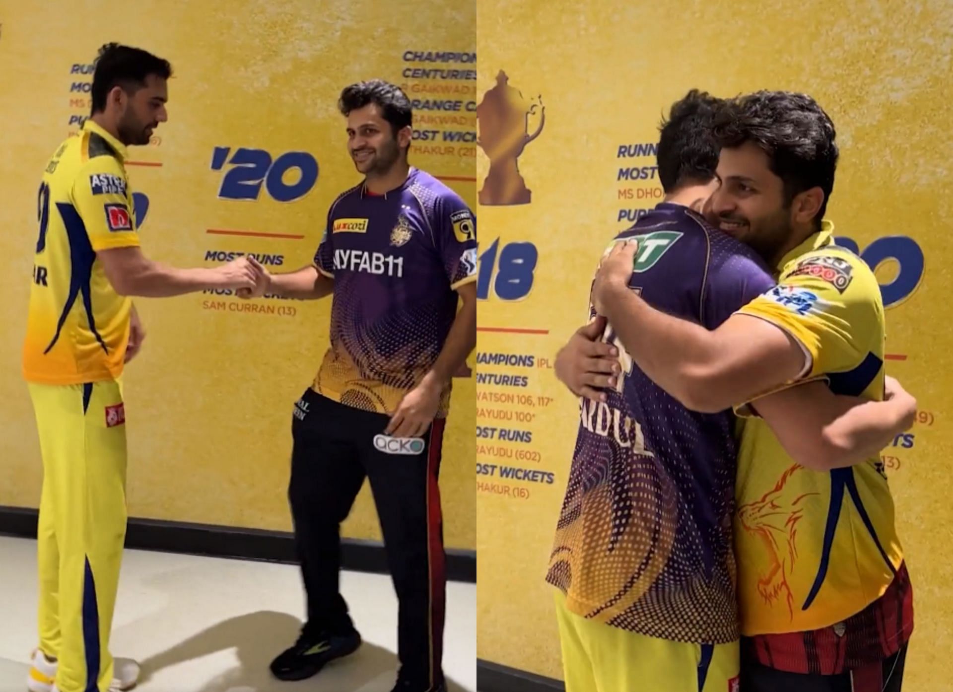 Deepak Chahar and Shardul Thakur catch up after the match on Sunday night. 