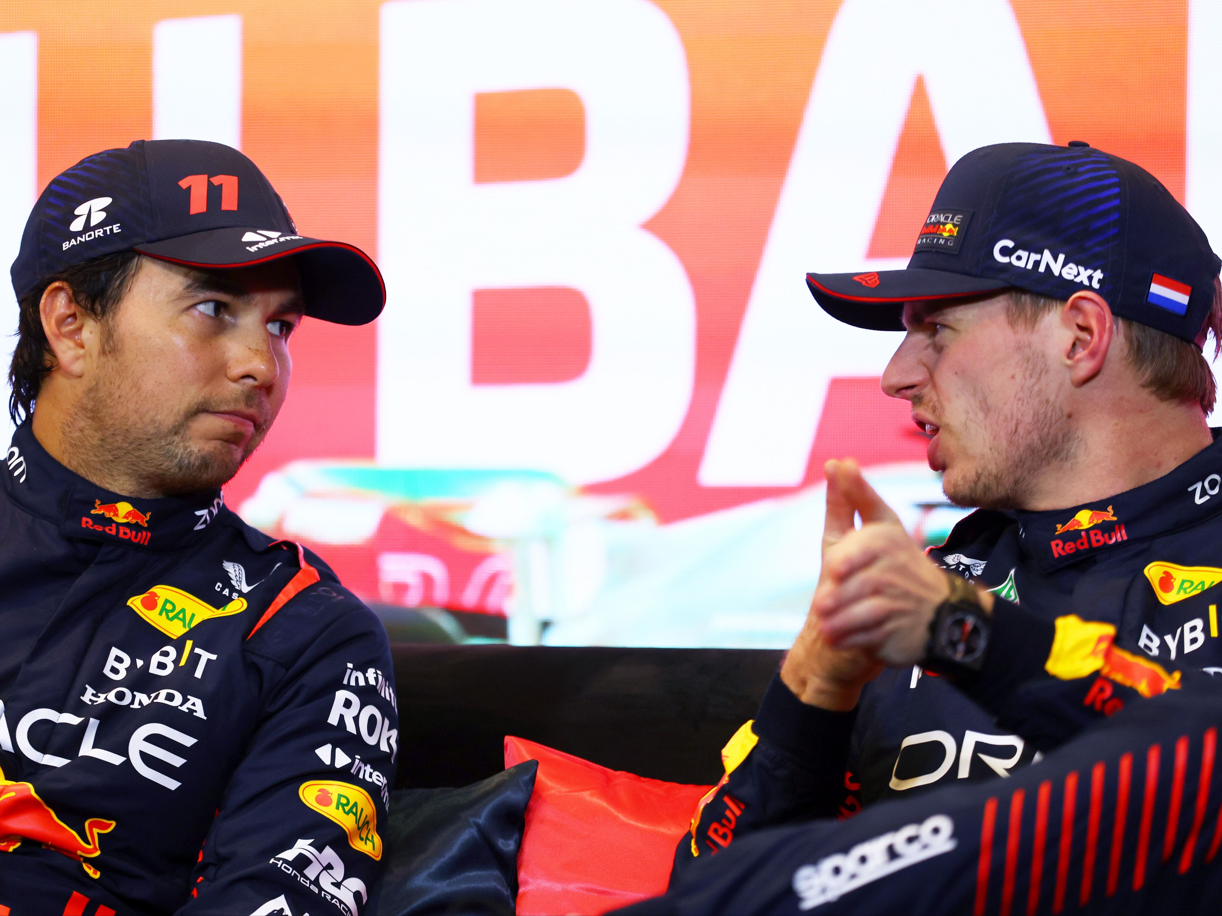 Sergio Perez and Max Verstappen attend the press conference after the Sprint ahead of the 2023 F1 Azerbaijan Grand Prix. (Photo by Bryn Lennon/Getty Images)