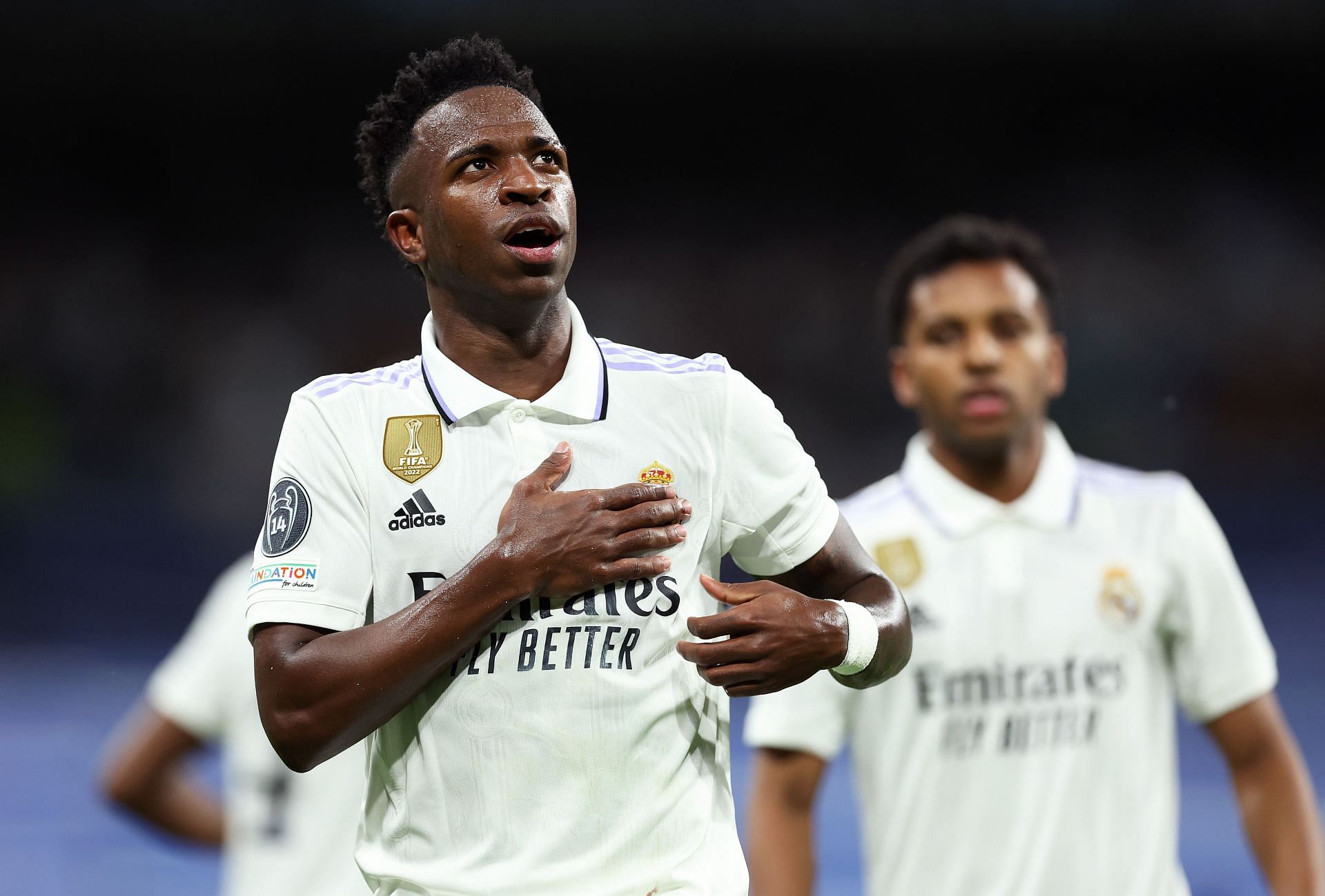 Vinicius Junior celebrates his goal vs. Manchester City FC in the first leg of the semi-final of the UEFA Champions League