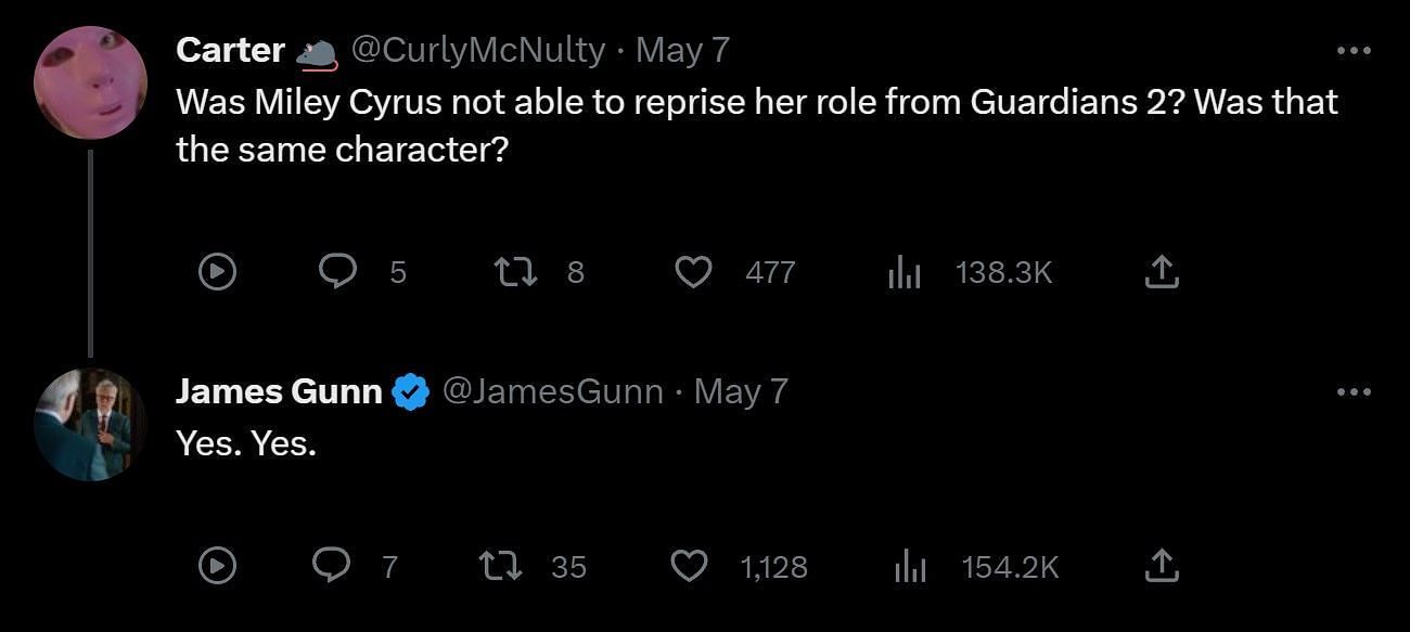 James Gunn&rsquo;s reply to a fan question (Image via James Gunn&rsquo;s Twitter)