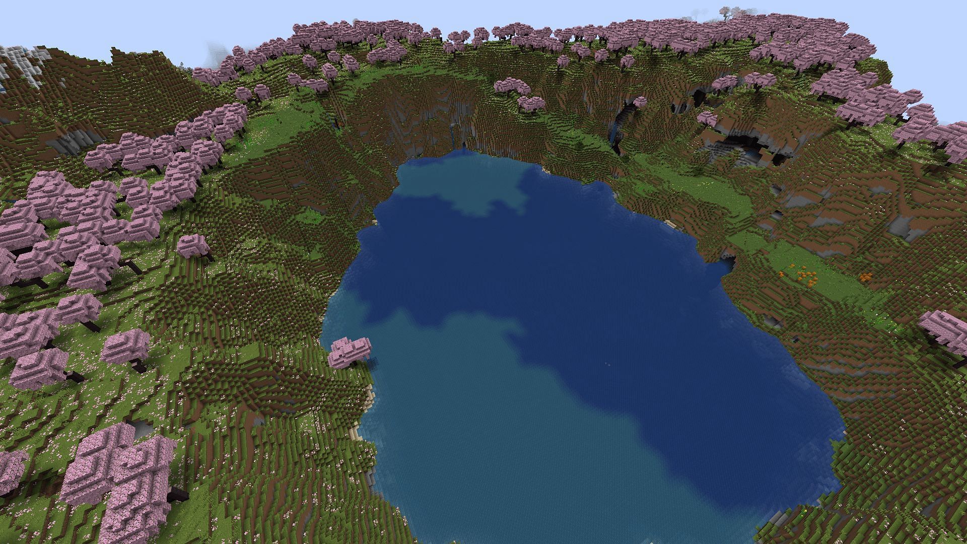 This Minecraft seed's cherry grove can take a while to get to, but the results may be worth it (Image via Mojang)