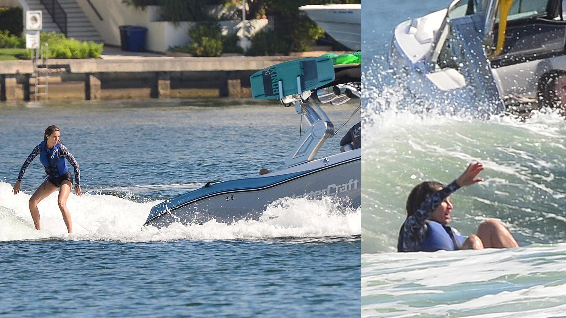 Gisele before (L) and after (R) wakeboarding with her kids. Credit: Page Six