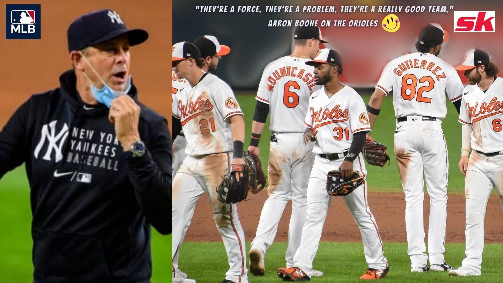 Manager Aaron Boone #17 of the New York Yankees is highly complimentary of the Baltimore Orioles 