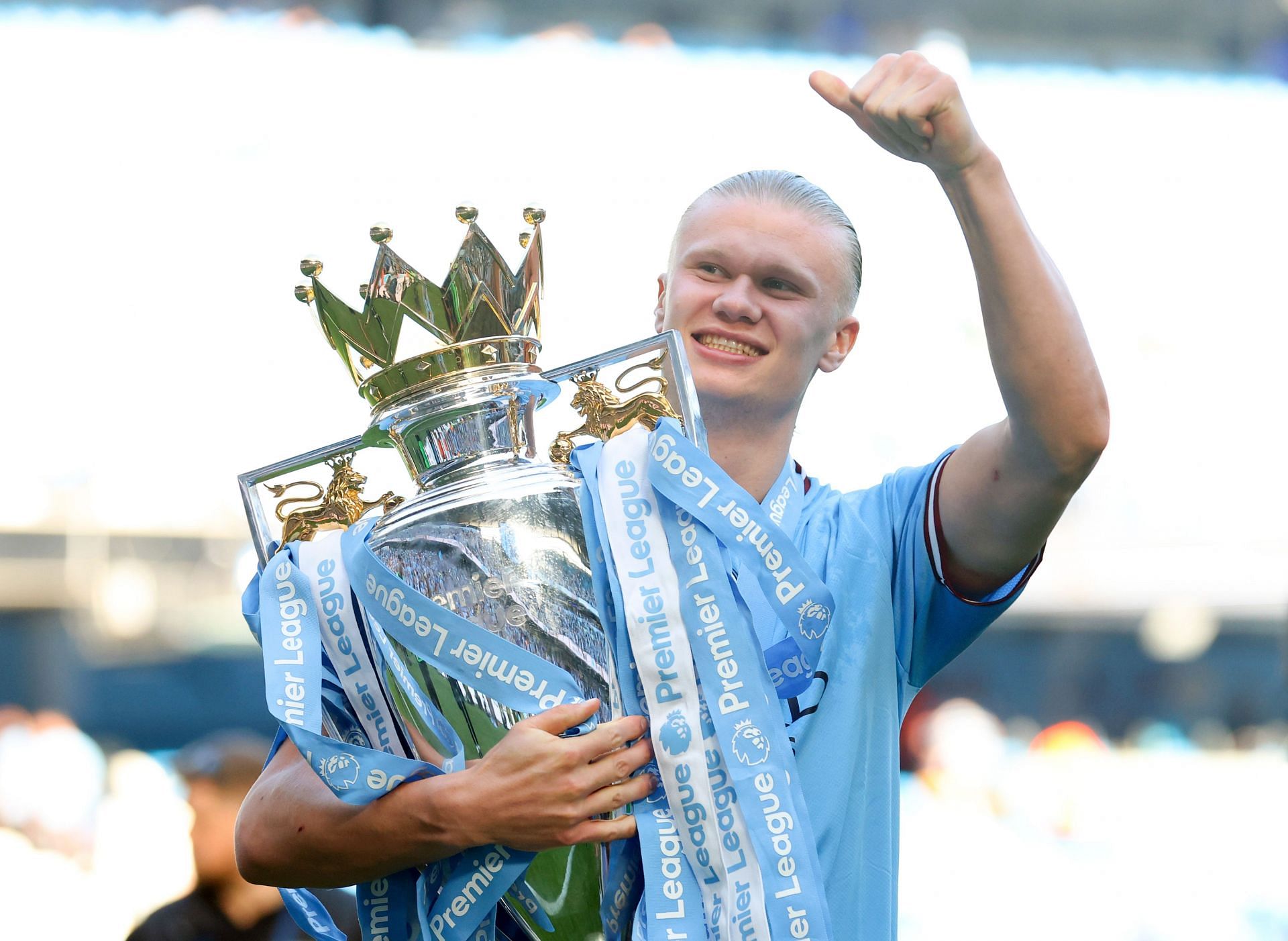 Erling Haaland celebrating Manchester City&#039;s Premier League triumph