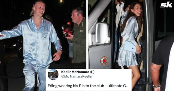 "Silk sleepwear, my GOAT" - Fans react hilariously as Erling Haaland and girlfriend Isabel Johansen wear matching pyjamas for Man City's title party