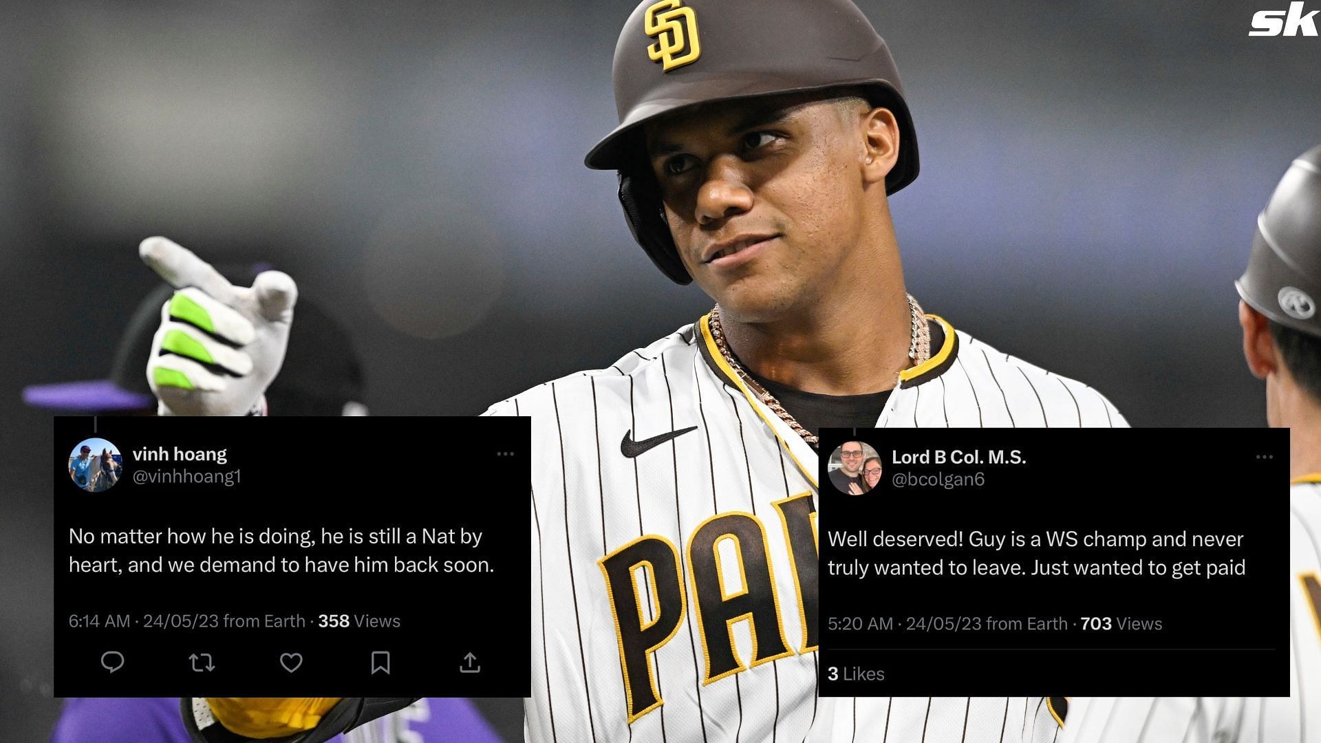 Juan Soto of the San Diego Padres points back to the dugout after hitting a single