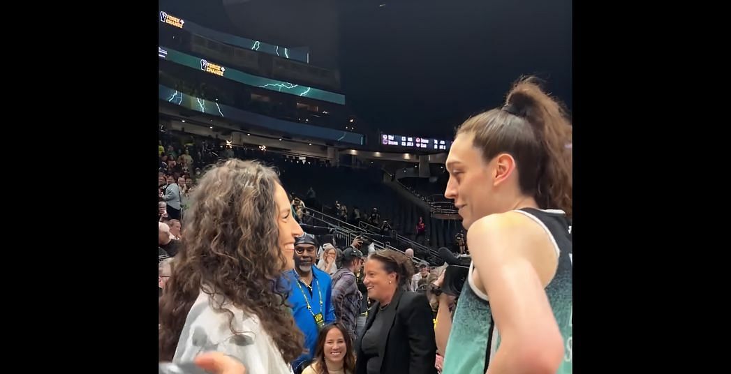 Sue Bird and Breanna Stewart share a heartfelt moment after a game